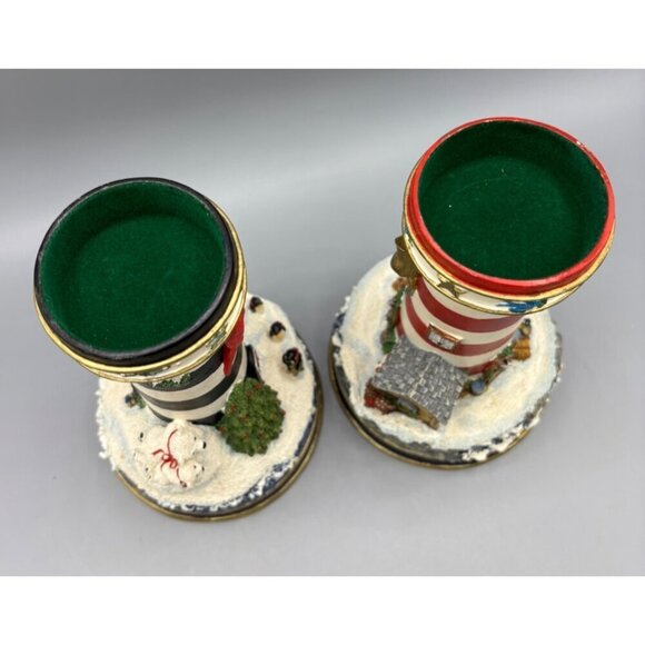 Vtg 90s Danbury Mint Set Of 2 Lighthouse Candle Stick Holders Christmas Design - Picture 6 of 8